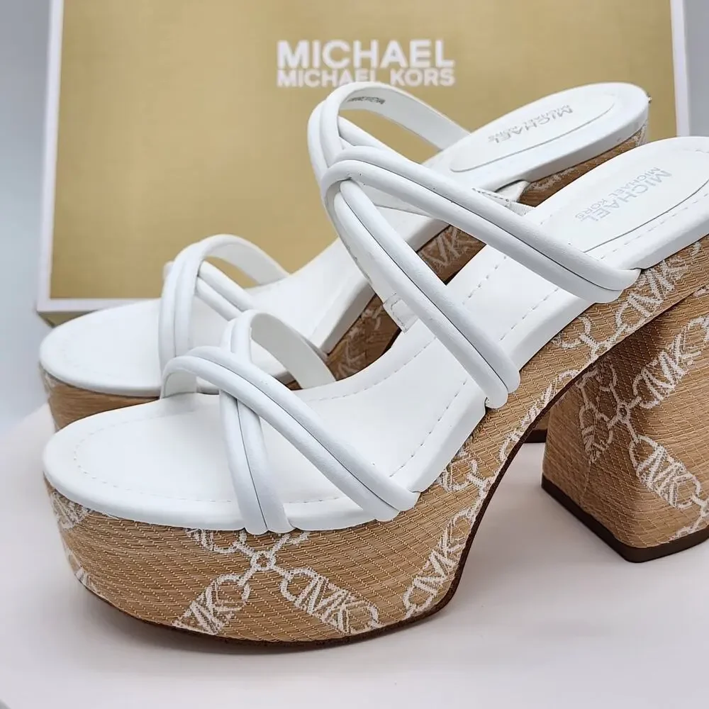 NEW Michael Kors Corrine Platform Leather Chain Sandals White Women's Size 8.5M